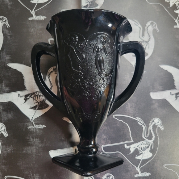 Vintage Other - Vintage L.E. Smith Black Amethyst Glass Trophy Vase ~ Embossed Dancing Nymphs
